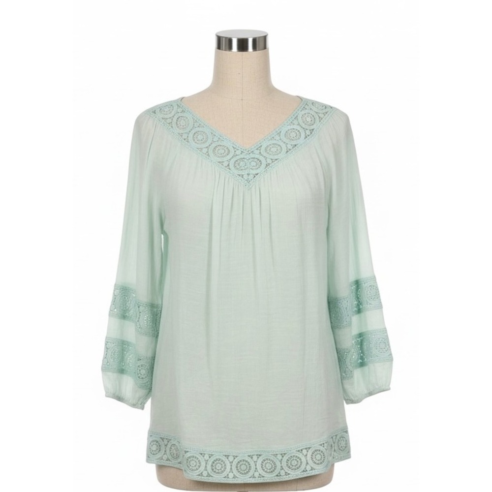 Indigo Soul Boho Crochet Lace V-Neck Blouse Mint Green Large